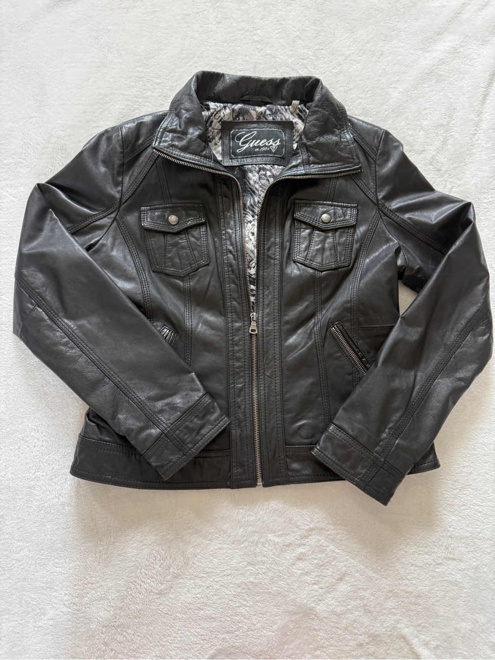 GUESS Genuine Leather Moto Jacket Black Animal Print Lining Y2K